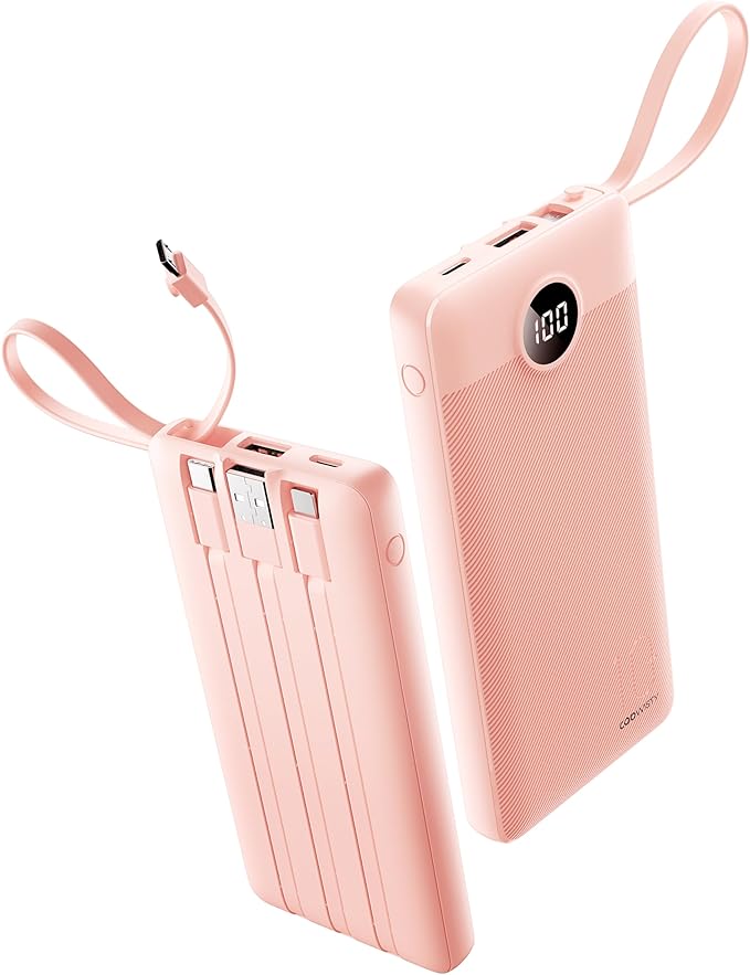 Portable Phone Charger, Slim 10000mAh Travel Essentials Power Bank with Cords Wires, Battery Pack 5 Outputs 2 Inputs LED Display Compatible with iPhone/Android & More (Pink)