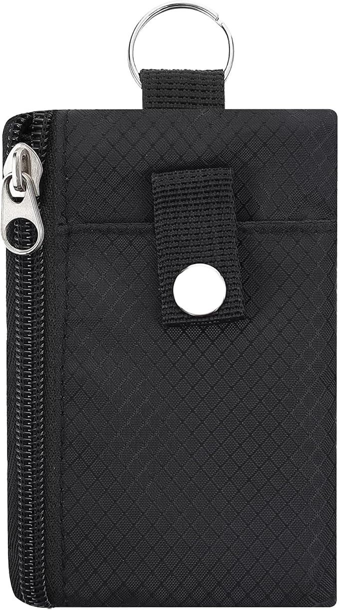Minimalist Small Wallet for Men Women with 2 Zip Pockets, Multi Functional ID Case with Keychain and Card Holder, Coin Purse Badge Lanyard Pouch for Boys Girls Travel -Black