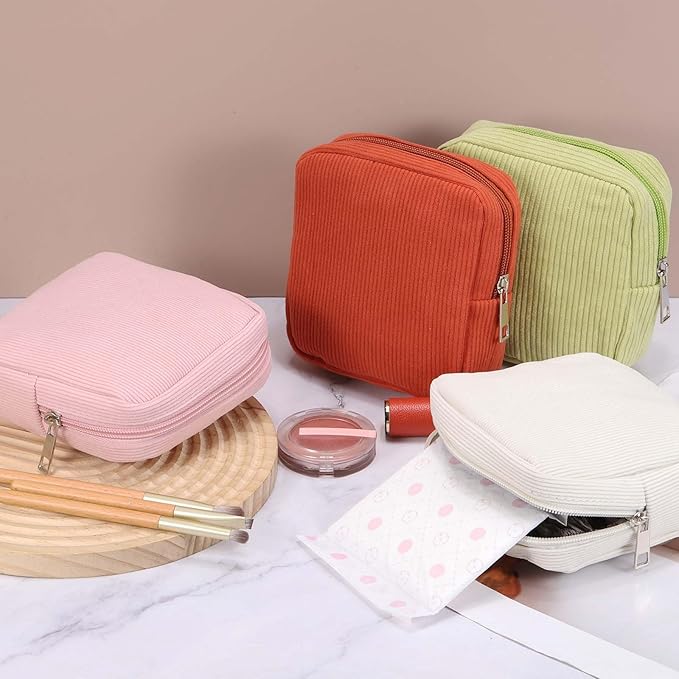 uxcell Period Bag for Teen Girls Women, Portable Corduroy Sanitary Towel Compact Cute Pouch with Zippers, Small Pouch Napkin Storage Pads Holder for Travel, Daily Use, Purse, Purple
