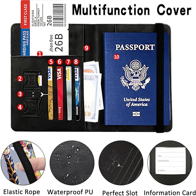 Passport Wallet, Passport Holder with RFID Blocking and Luggage Tag, Waterproof PU Leather Travel Documents Organizer Case, Passport Covers with Card Slot for Women & Men, Cool Giraffes Passport Book