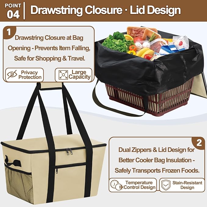 Reusable Grocery Bag – Expandable Insulated Cooler Bag with Bottom Board, Collapsible Insulated Shopping Bag with Zipper & Drawstring, Heavy Duty Tote Bag for Shopping, Delivery, Picnic, Beach