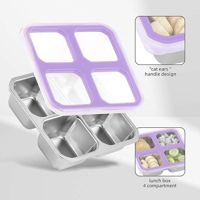 BEFOY 4 Pack Stainless Steel Snack Containers with Lids 4 Compartment Food Storage Containers for Adults & Kids Meal Prep Containers Reusablele (Purple, 2)
