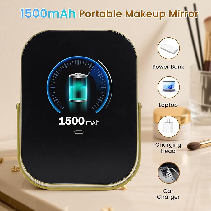 Rechargeable Travel Makeup Mirror, 8"×6" Small Vanity Mirror with Lights, 1500mAH Battery, 3-Color Lighting, Dimmable, 360° Rotation, Portable Desk Mirror with Storage Pouch, Travel Essentials (Gold)