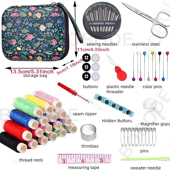 Bobode Travel Floral Basic Sewing Kit for Adults | Printing Tulips Pattern Sewing Kit with Sewing Thread,Professional Sewing Supplies for Beginners,Emergency,Arts Craft DIY