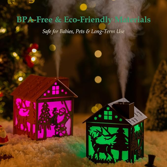Christmas Wooden House Humidifier - 240ml Cool Mist Mini Humidifier with Santa Claus LED Design, 7-Color Lights, USB Powered, Auto Shut-Off, Holiday Decor Gift for Bedroom, Home, Office (Dark Wood)