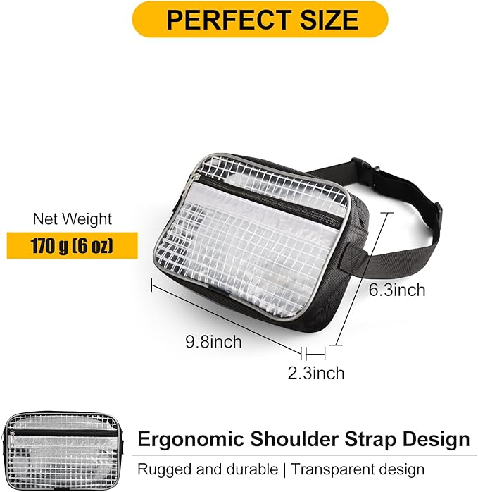 9.8 Inch Fanny Pack Tool Bag -Transparent & Anti-static Cleanroom Waist Pack Belt Bag for Work and Travel（fabric shoulder straps）