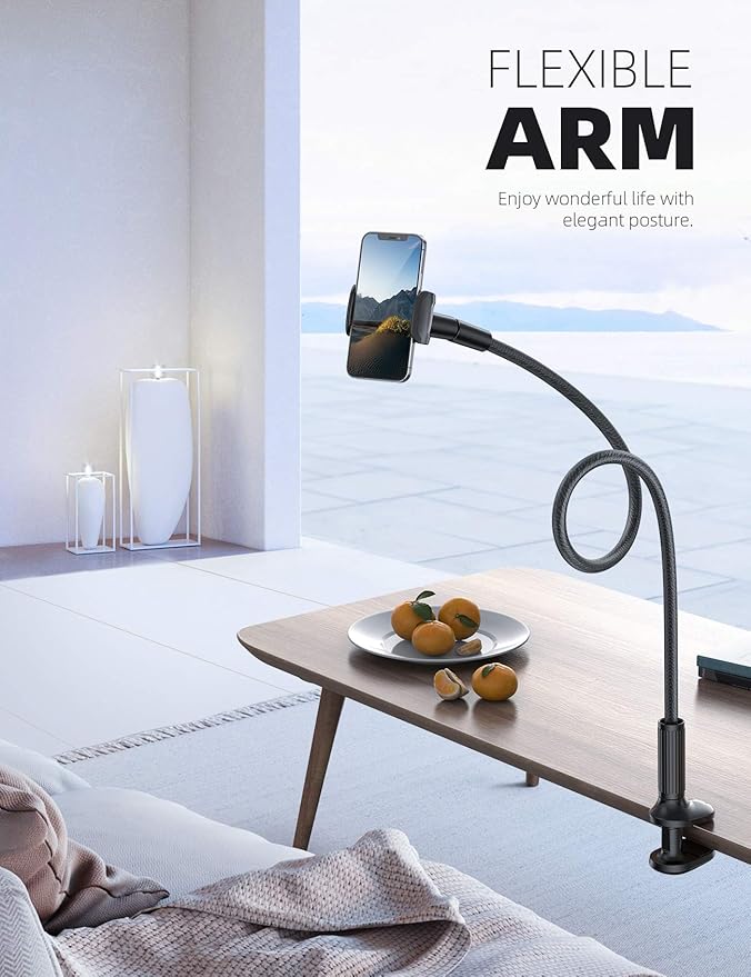 Lamicall Gooseneck Phone Holder for Bed - Overall Length 38.6in, Flexible Leather Wrapped Arm, 360 Adjustable Clamp Clip, Overhead Cell Phone Mount Stand for Desk, Compatible with All Cellphone (4-7”)