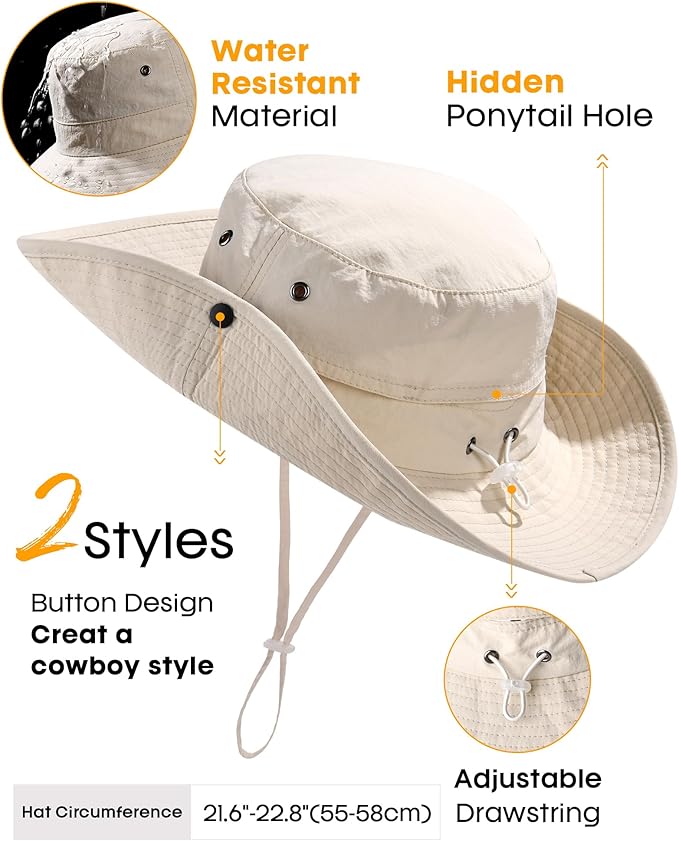 FURTALK Sun Hats for Women Ponytail UPF 80+ Beach Summer Hat Wide Brim Packable Cowboy Hat