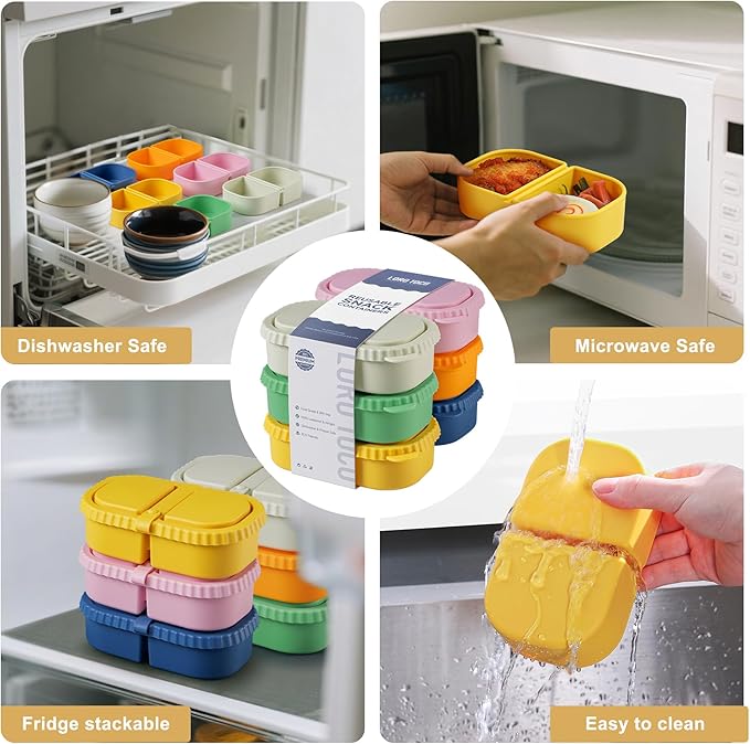 6 Pack Reusable Silicone Snack Containers with Lids, 2 Compartment Bento Snack Boxes, Leakproof Portion Control Food Containers for Fruits, Nuts, School, Office & Travel, Dishwasher Safe
