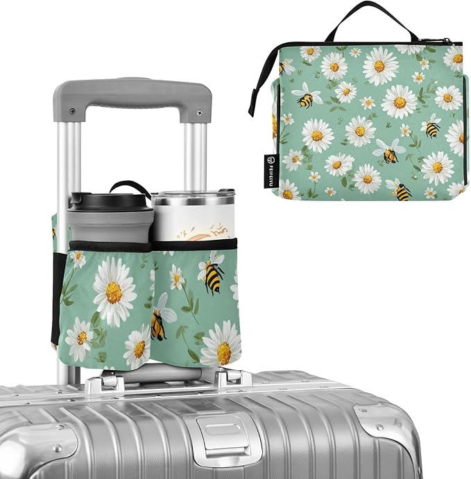 Luggage Cup Holder for Suitcases Free Hands Suitcase Cup Holder Travel Luggage Drink Holder Portable Luggage Cup Caddy Bag Carrier with Handle Mint Green Daisy Flowers and Bees