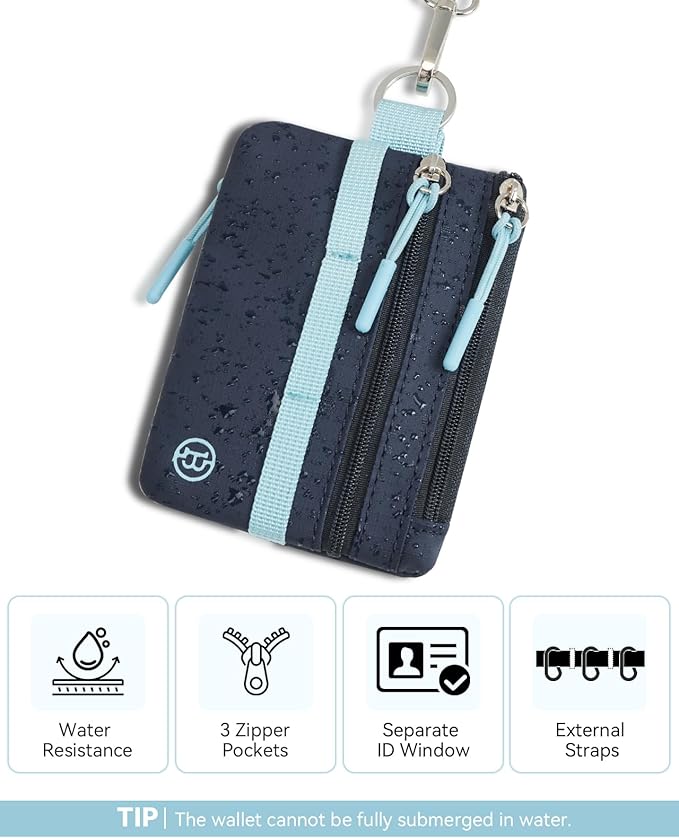 BOSTANTEN Small Wallet RFID, Minimalist Zip ID Case Wallet with Lanyard Keychain, Water Resistant Card Wallets for women & Men, Navy Blue and Sky Blue