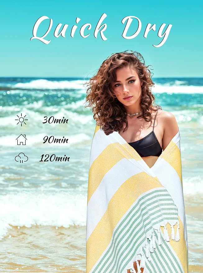 cabanana Turkish Beach Towel Oversized - 40"x70" Quick Dry Sand Free Thin Beach Towels for Adults,Extra Large Cotton Lightweigh Travel Towel for Beach Accessories (Yellow Turquoise)