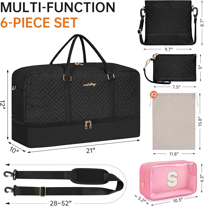 Weekender Bag for Women, 6 Pcs Set Carry on Overnight Bag, 21" Travel Duffel Bag with Initial Clear Makeup Pouch and Waterproof Shoe Compartment