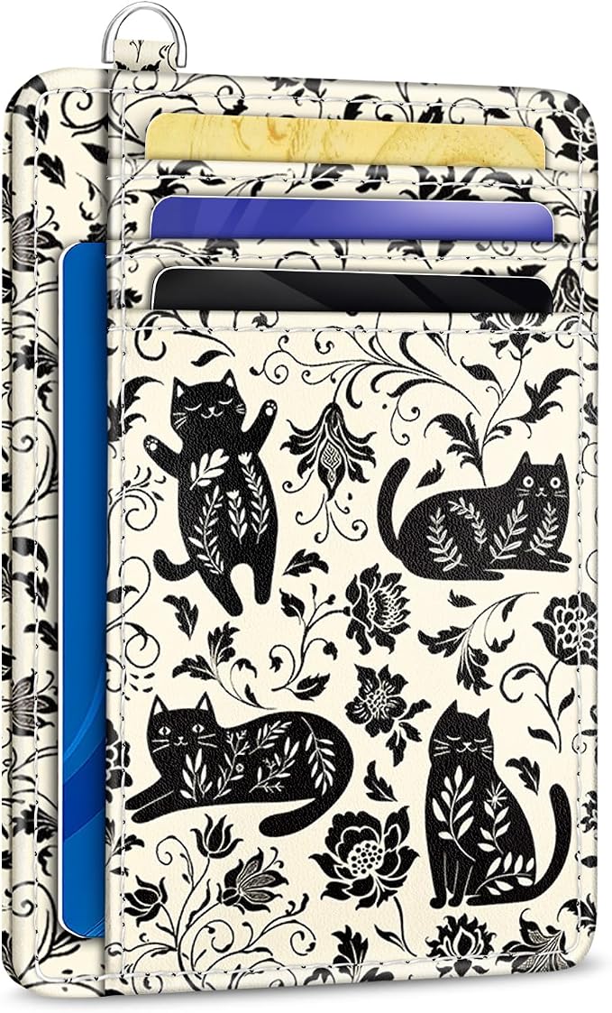 Yonlevres Card Holder Small Wallet Women, Black Cat Flowers RFID Blocking Slim Cute Credit Card Wallet, Front Pocket Travel Thin ID Window PU Leather Mini Organizer Case Purse Gifts Woman Girls Ladies