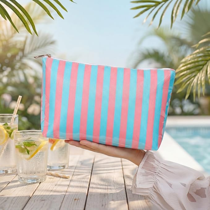 Large PVC Waterproof Striped Makeup Bag,Clear Coated Cosmetic Bags,Easy to Clean,Travel Organizer Zipper Pouch Beach Vacation Essentials for Women Girls(12Pink Blue)