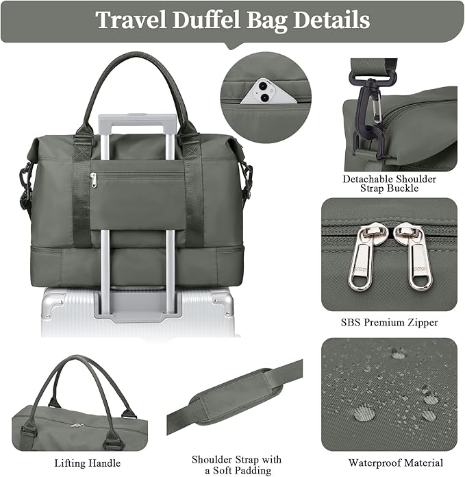 Weekender Bags for Women,Personal Item Travel Bag with Shoes Compartment,Overnight Travel Duffel Bag with Quilted Toiletry Bag,Olive Green