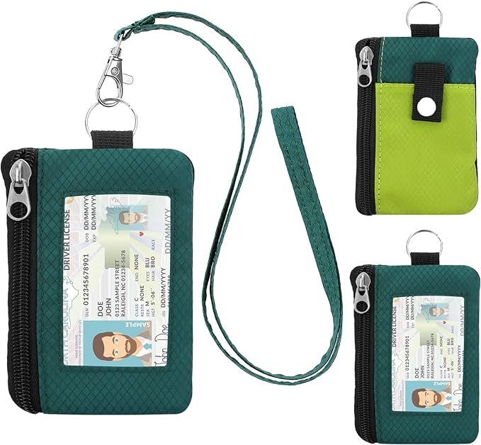 Minimalist RFID Wallet with Lanyard, Multi-Functional ID Case with 2 Zipper Pockets and Key Chain for Men and Women, Tactical Badge Pouch Cards Holder, Coin Purse for Travel Sports-Yellow+GN