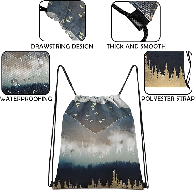 Drawstring Backpack Draw String Sports Bags for Gym Travel Beach Waterproof Cute Sackpack Men Women Aesthetic (13"×17")-Forest