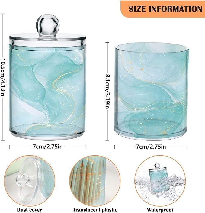 2 Pack Qtip Holder Dispenser Turquoise Marble Bathroom Storage Canister Lid 10 oz Acrylic Plastic Apothecary Jar Set Vanity Makeup Organizer for Cotton Swab/Ball/Round Pads, Floss