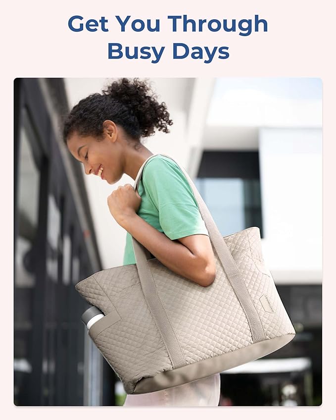 BAGSMART Crush Tote Bag for Women, 20L Puffer Work Tote with Zipper, Travel Essentials Quilted Nurse Hospital Bag