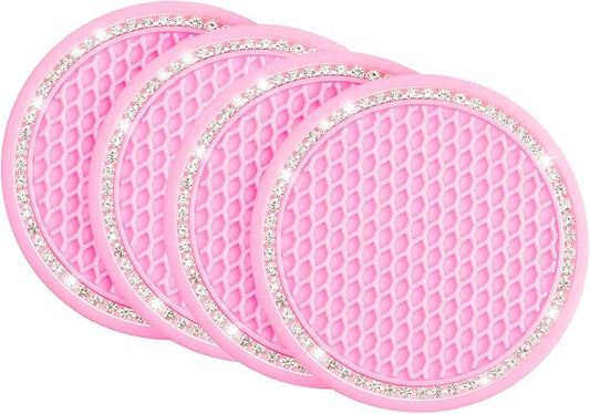 JOYTUTUS 4 Pack Car Coasters, Universal Anti-Slip Cup Holder Coasters for Car with Crystal Rhinestone, 2.75 inch/6.8cm PVC Cup Holder Insert Coaster, Pink Car Accessories (Pink with Diamond)