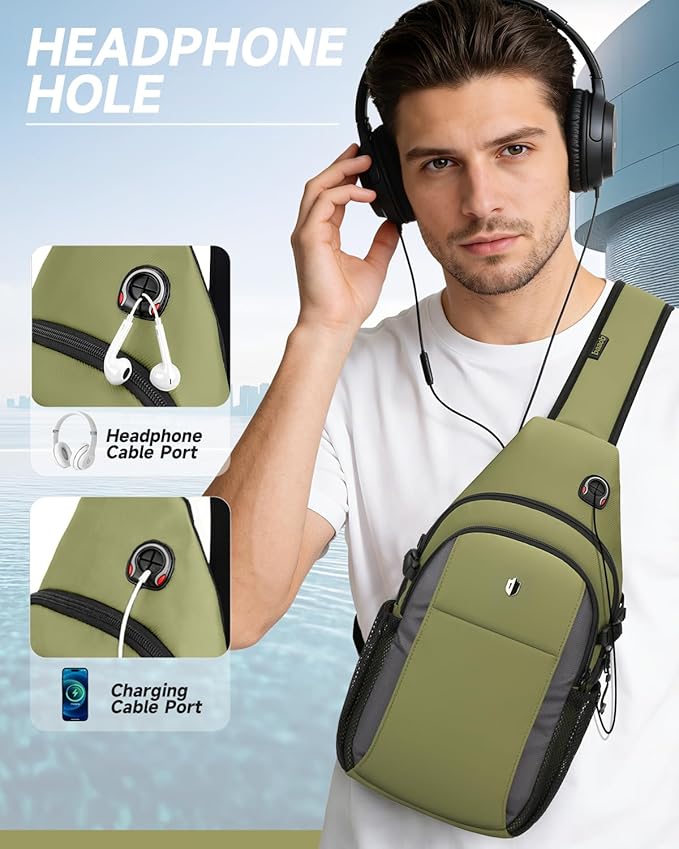 Tactical Sling Bag for Men, Expandable Army Green Chest Pack with Water Bottle Pocket & Earphone Port, Crossbody Backpack for Hiking, Travel & Outdoor, Fits Switch 2, 11 inch iPad | Mens Crossbody Bag