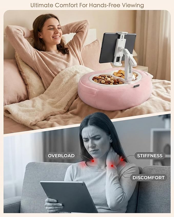 Tablet Pillow Stand, Compatible with 5"-12.9" Kindle, iPad, Phone/Tablet, Google, Samsung, 360° Rotating Phone Holder for Bed, Soft Plush Fabric, Detachable Bowl, Reading and Relaxation on Bed, Pink