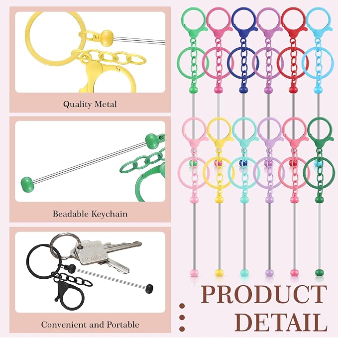 Tondiamo 24 Pcs Beadable Keychain Bars Bulk Beads for Keychain Making Kit Gifts for Women Men DIY Crafts (Mixed Color)