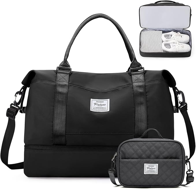 Weekender Bags for Women,Personal Item Travel Bag with Shoes Compartment,Overnight Travel Duffel Bag with Black GrayToiletry Bag