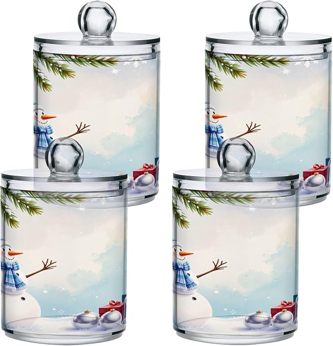 Gredecor Christmas Winter Qtip Holder Dispenser 2 Pack Snowman Snowflake Pine Cones Gifts Bathroom Decorative Storage Canister Holder Counter Vanity Organizer for Cotton Ball Swabs Pads Floss