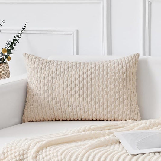 Kevin Textile 14x22 Inch Pillow Cover 1 Pack Boho Decorative Soft Striped Corduroy Lumbar Farmhouse Solid Color Accent Rectangle Cushion Case for Living Room Couch Sofa Bed, Cream White