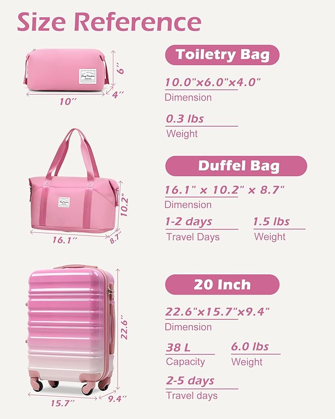 LONG VACATION Carry On Luggage Sets 3 Piece 20 Inch Suitcase Set, ABS+PC Hardshell Lightweight Travel Luggage with Spinner Wheels & YKK Zipper TSA Lock (Pink and White, 20 INCH)