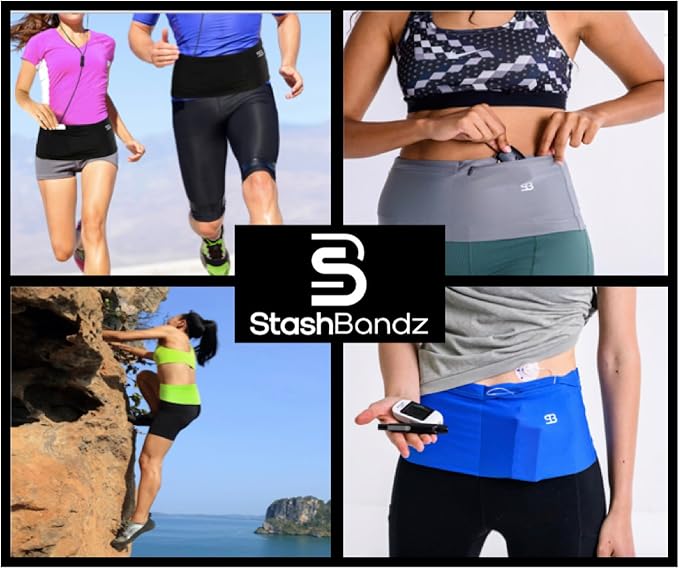 StashBandz No-Bounce Running Belt for Women & Men – Phone Holder Fits All Phones, 4-Pocket Slim Fanny Pack with Zipper – Travel Money Belt Waist Pack for Running & Workout