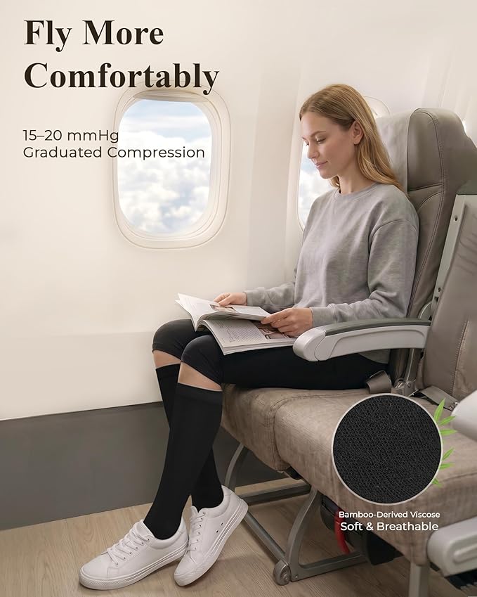 Compression Socks for Women 15-20 mmHg, Viscose from Bamboo, 3-Pair Knee High for Flying, Work & All-Day Comfort