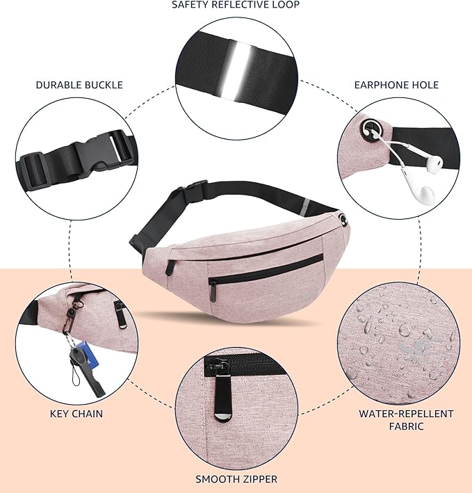 HiRui Large Crossbody Fanny Pack for Men Women Waist Bag Pack with 4-Zipper Pockets Phone Bag Fits All Phones Wallet Keys, Casual Hands-Free Waist Pack for Travel Workout Running (Pink)