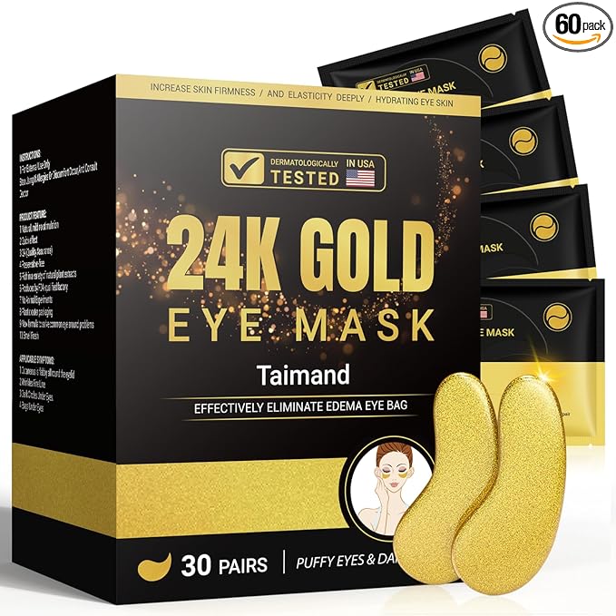 Taimand Under Eye Patches (30 Pairs), 24K Gold Under Eye Mask for Puffy Eyes, Dark Circles,Bags and Wrinkles with Collagen,Relieves Pressure and Reduces Wrinkles,Revitalises and Refreshes Your Skin