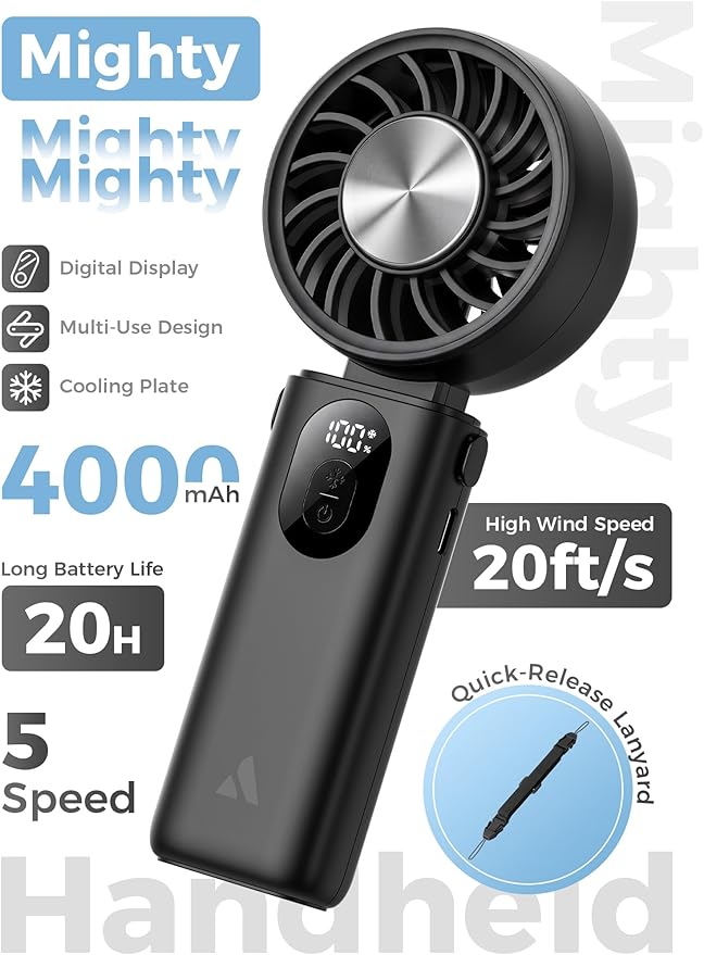 Aecooly Mighty Portable Handheld Fan with Cooling Plate | 20H Max Cooling Time | 3 Flexible Modes | 5 Speeds Wind | Battery Level Display | Mini Personal Battery Powered, Gifts for Women, Travel-Black