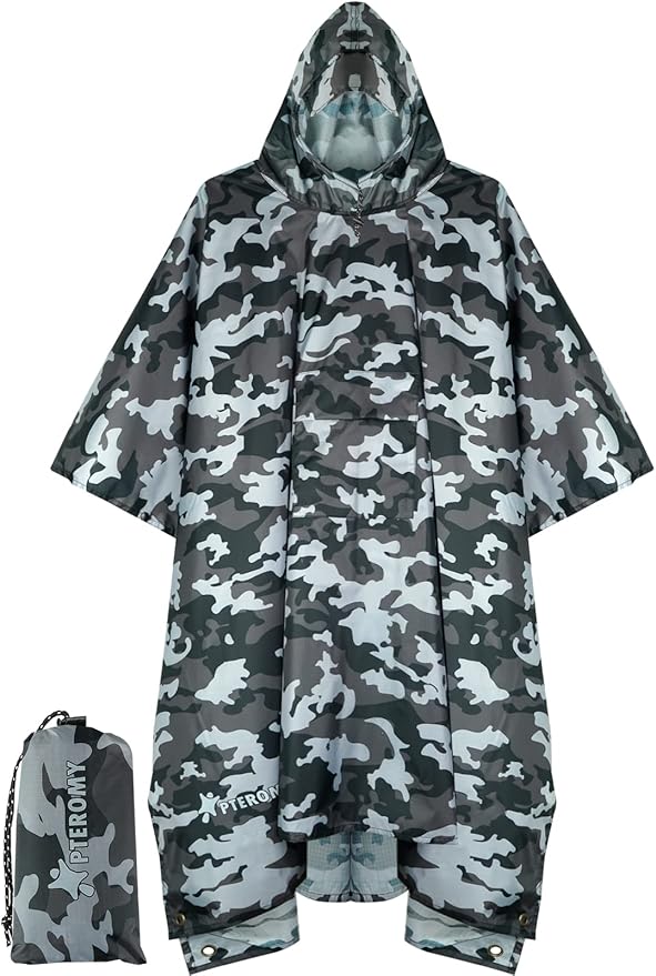PTEROMY 3-in-1 Hooded Rain Poncho for Adult with Pocket, Waterproof Lightweight Unisex Raincoat for Hiking Camping Emergency