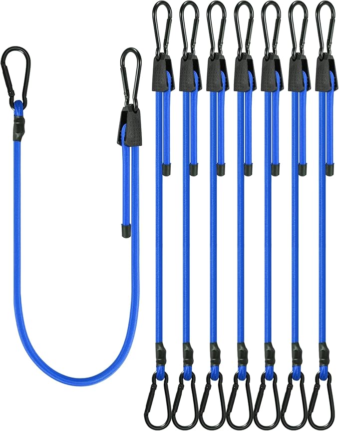 8 Pcs 48 Inch Adjustable Carabiner Bungee Cords with Hooks, Easy to Adjust from 7" to 48", Blue Bungee Straps with UV-Resistance & Superior Elasticity for Cargo, Bike, Luggage, Carts, Truck, etc