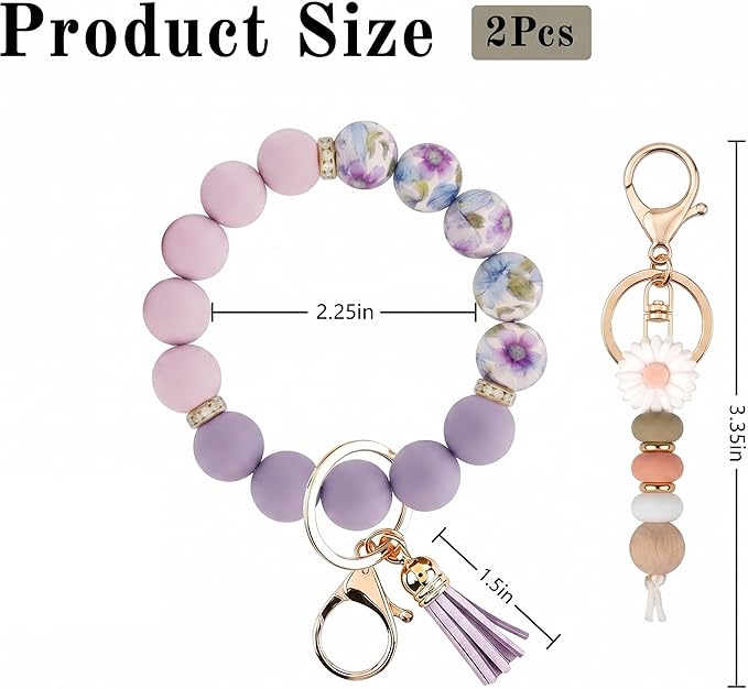 2PCS Bracelet Key Ring Set, Cute Car Key chain Wristlet, Silicone Beaded Bangle keyChains for Women Girls