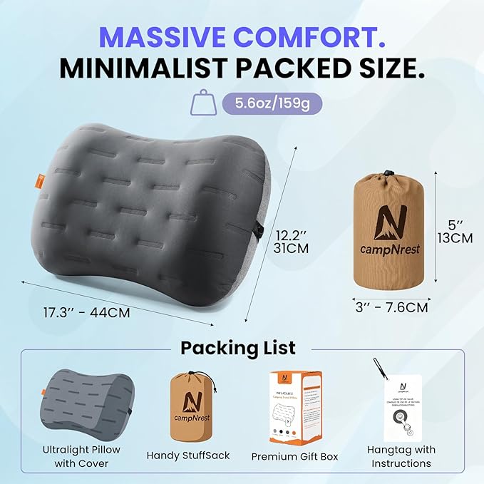 Inflatable Camping Pillow - Ultralight Compact Air Pillow for Travel, Backpacking & Hiking - Ergonomic Neck & Lumbar Support - Portable Inflatable Pillow with Removable Washable Cover - (Grey)