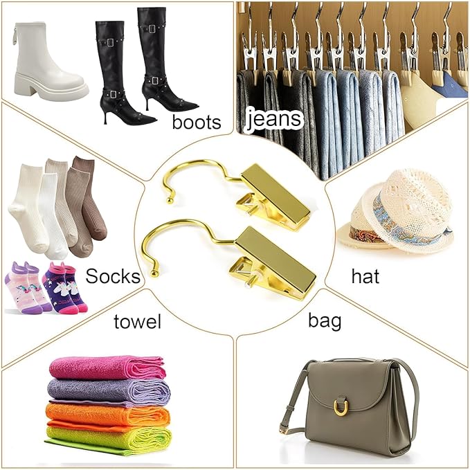 10Pcs Gold Boot Clips for Hanging, Single Clip Hangers, Laundry Hooks, Hat Clips for Hanging, Clothes Clip for Hanging Clothes, Premium Clothes Pins