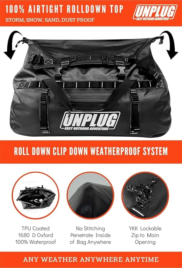 UNPLUG Ultimate Adventure | 1680D Heavy Duty Waterproof Bag | Large Travel Bag which can be Used for Camping, Motorcycling, Boating, or Hunting| 65L BLACKOPS
