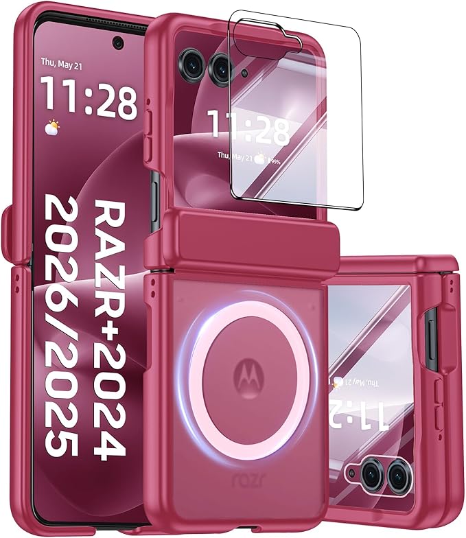 Magnetic for Motorola Razr+ Plus 2026,Razr+ 2025/2024 Case,Hinge Protection, Screen Protector, Compatible with MagSafe, Translucent Frosted, Shockproof Cover for Razr+ 2026/2025/2024-Rose Red