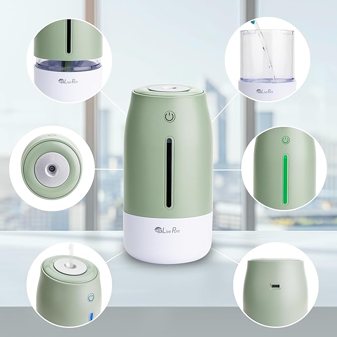 LivePure Cool Mist Humidifiers for Bedroom. Small Humidifier for Babies, Nursery, Plants, Office. Ultrasonic Cool Mist Humidifier w/Quiet Operation, USB-C Rechargeable. Mint Green