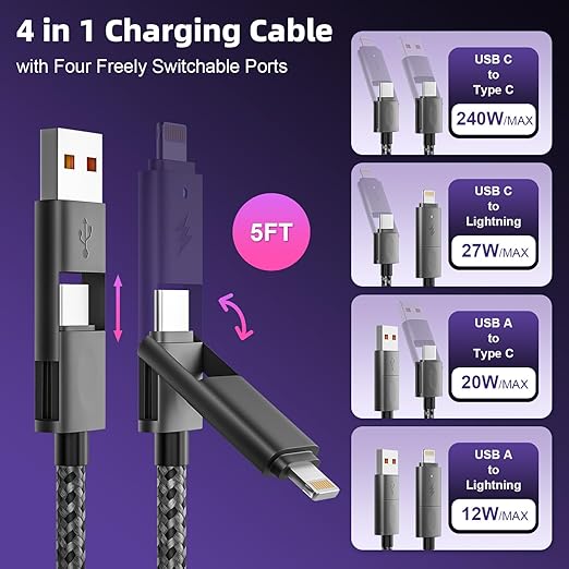 240w 4 in 1 Charging Cable, Fast Charger USB C to Lightning Cable, Braided USB to USB C Cable, Travel Essential Multi Charging Cable for iPhone 16/15/14 Series/Pad/MacBook/Galaxy/Laptops and More[5FT]