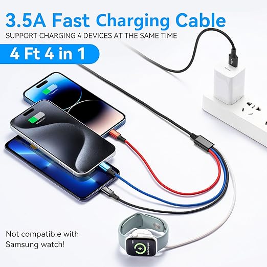 4 in 1 Multi Charging Cable for Apple Watch Charger/iPhone 17 Charger/Lightning/Micro,USB C Charging Cable Cord,Vacation Camping Essentials,Portable Designed for iWatch & iPhone Series,Galaxy-4Ft