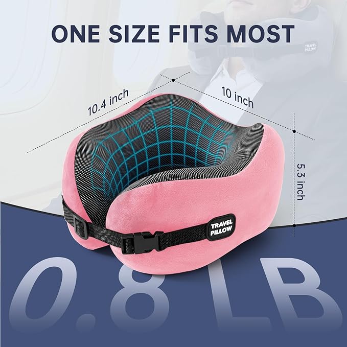 Neck Pillow Travel Pillow - 100% Pure Memory Foam Airplane Pillow with Adjustable Clasp & Removable Cover, Portable Travel Essentials for Long Flights, Car & Office (Pink)