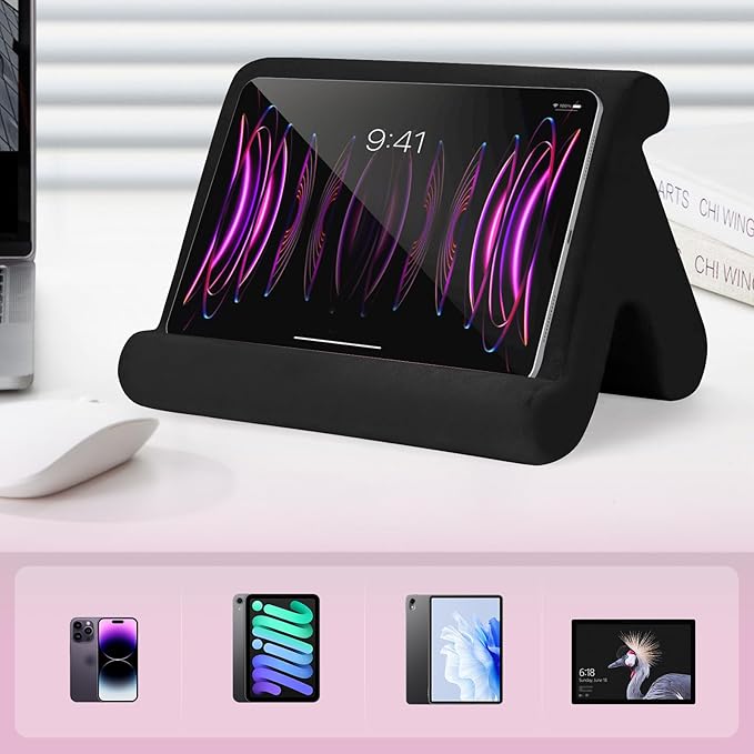 Universal Multi-Angle Tablet Stand Holder-Soft Pad Stand with black phone holder for Lap,Knee,Sofa and Bed,Compatible with iPad Pro 9.7,10.5,12.9 Air Mini 4 3,Kindle,Galaxy Tab,E-Reader (Black)