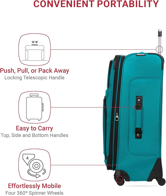 SWISSGEAR Sion Softside Expandable Spinner Luggage Durable Lightweight Travel Suitcase, Teal, Checked-Large